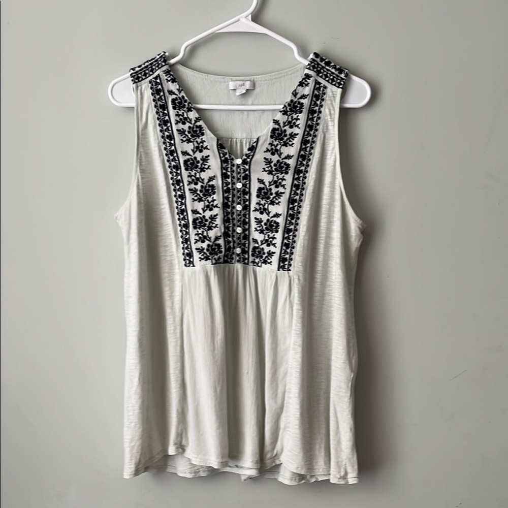 J. Jill Light Aqua Knit Navy Floral Embroidered Sleeveless Tunic Top